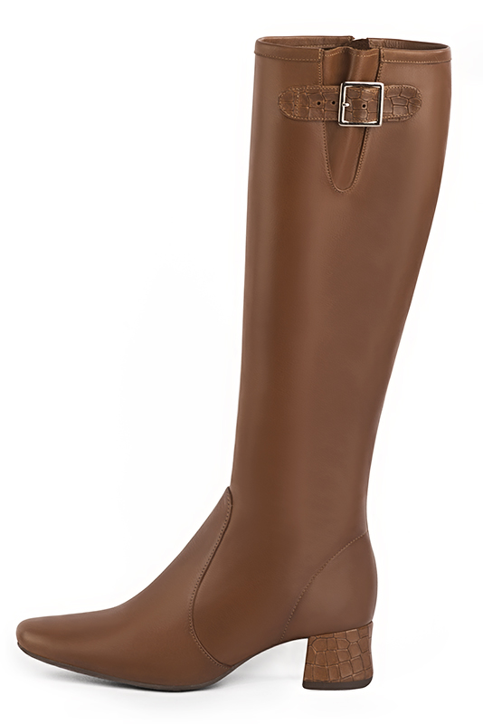 Caramel brown women's knee-high boots with buckles. Round toe. Low flare heels. Made to measure. Profile view - Florence KOOIJMAN